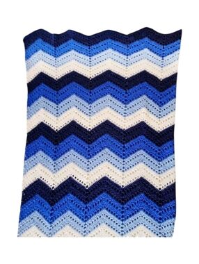 Vintage Crochet Afghan Blanket Handmade Blue Chevron 72” Square Coastal Boho